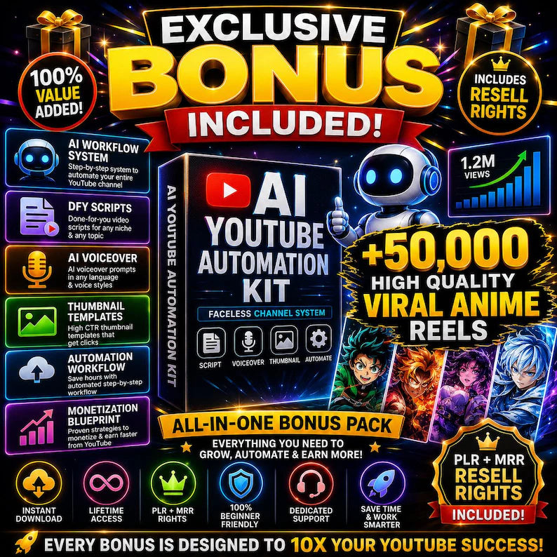 AI YouTube Automation Kit | Faceless Channel System | Scripts Voiceovers Thumbnails Workflow | PLR MRR Digital Download