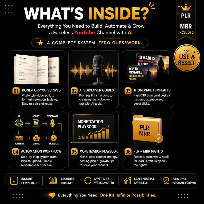 AI YouTube Automation Kit | Faceless Channel System | Scripts Voiceovers Thumbnails Workflow | PLR MRR Digital Download