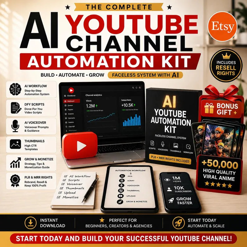 AI YouTube Automation Kit | Faceless Channel System | Scripts Voiceovers Thumbnails Workflow | PLR MRR Digital Download