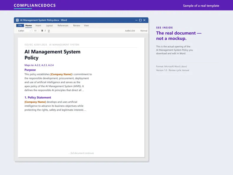 ISO 42001 Toolkit, Editable AI Management System Policies, Statement of Applicability & AI Risk Register, Instant Download