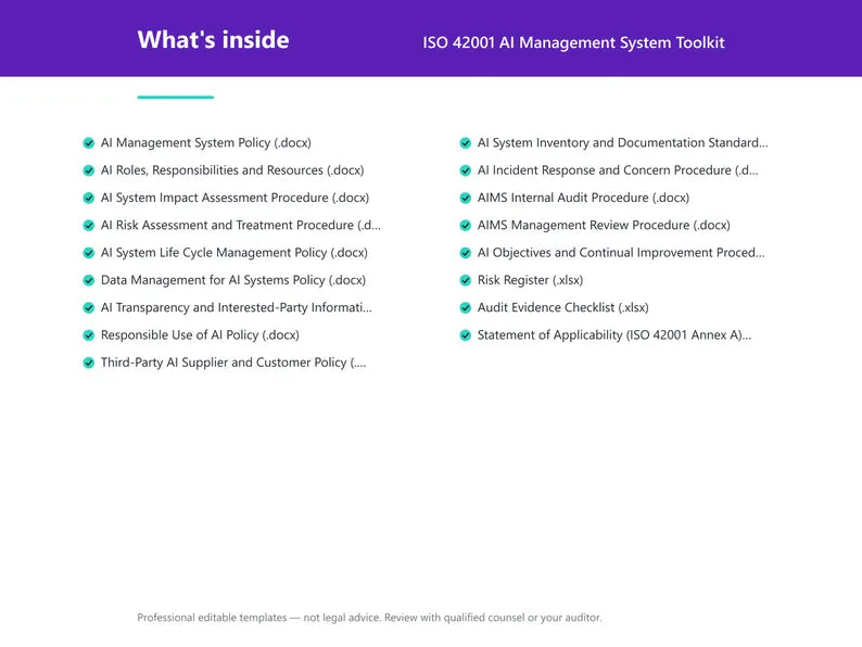 ISO 42001 Toolkit, Editable AI Management System Policies, Statement of Applicability & AI Risk Register, Instant Download